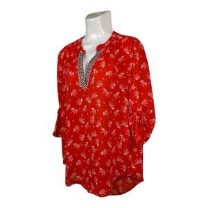 Society Girl Blouse Large Red White Elephant Embroidered Boho Tunic Top Vacation